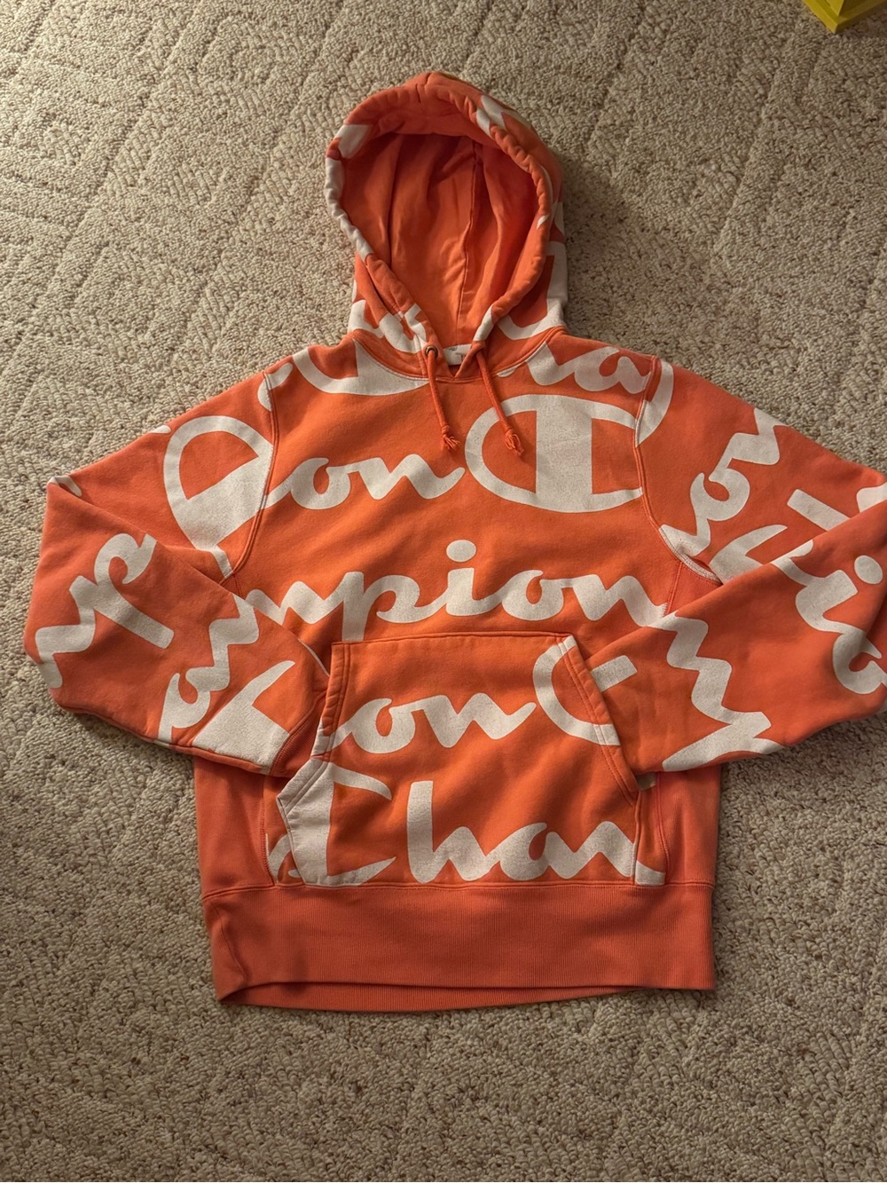 Champion Orange Allover Script Logo Pullover Hoodie